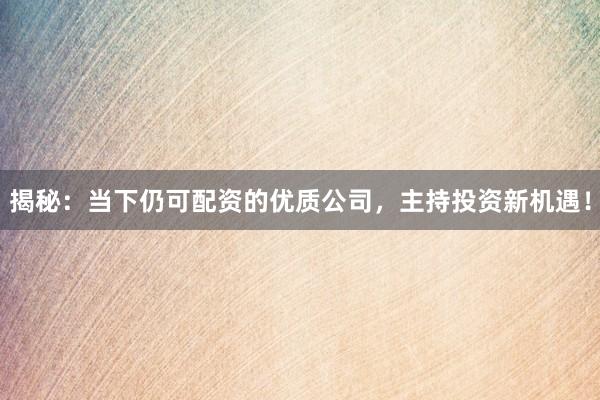 揭秘:当下仍可配资的优质公司,主持投资新机遇!